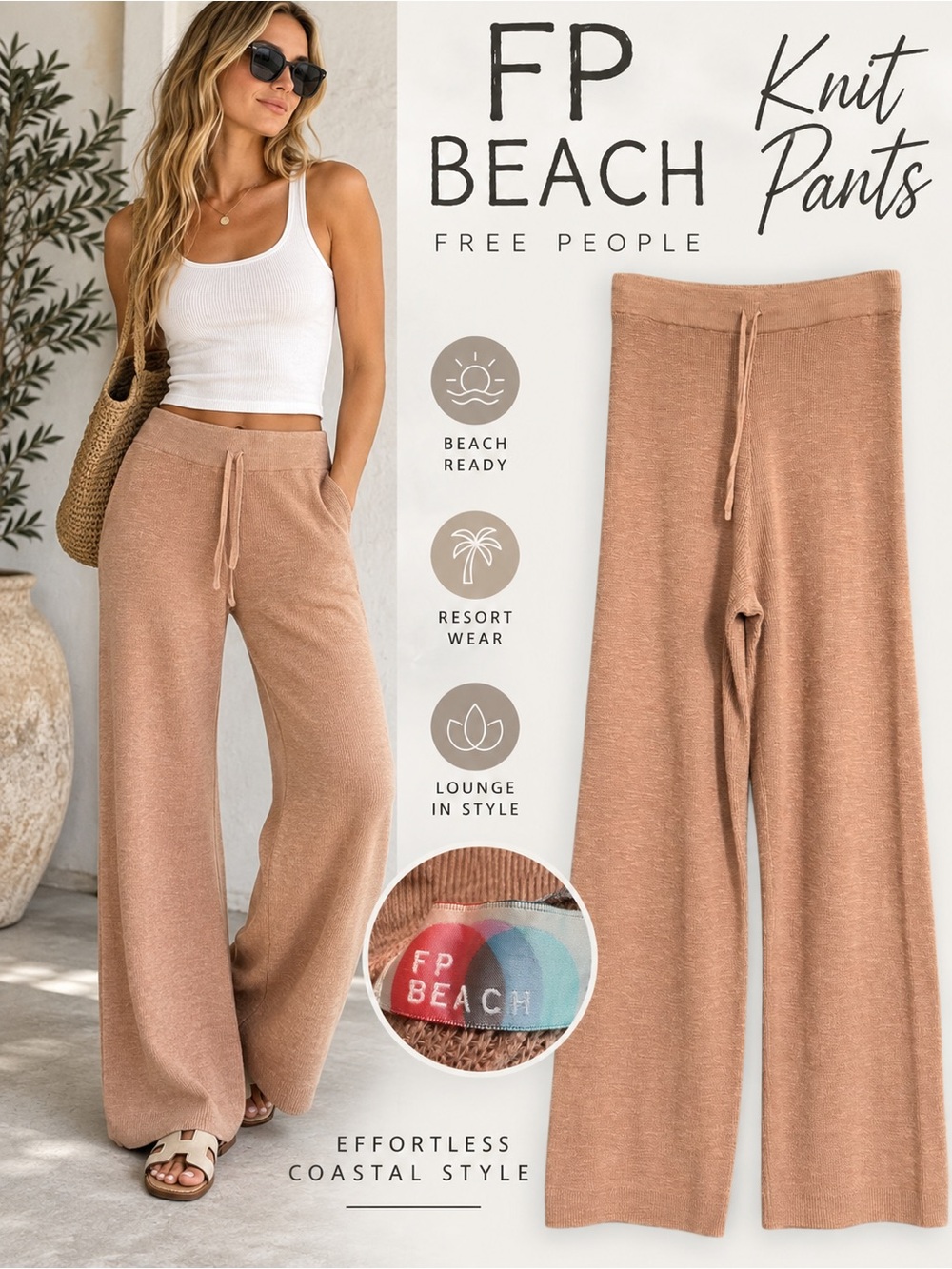 Free People Beach Knit Wide Leg Pants Size M Tan/Blush Drawstring Lounge Coastal